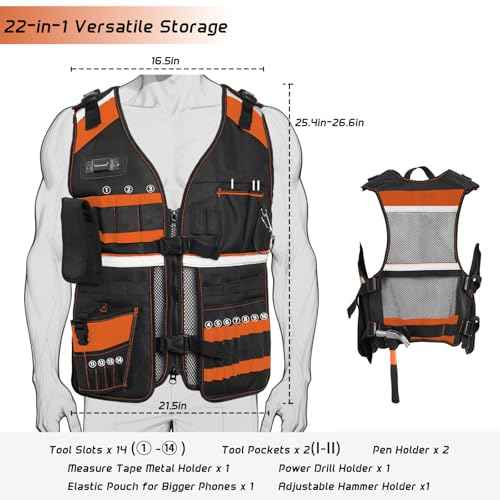 Electrician Tool Vest for Men, Reflective Safety Work Vest with Adjustable Thick Straps, Removable Phone Holder for Electrical, Carpenters, Construction, 22 Pockets