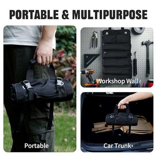 Portable Foldable Roll Up Tool Bag Organizer with 5 Compartments & 2 Detachable Pouches, Heavy Duty Waterproof Tool Pouch Bag for Secure Tool Storage, Tool Roll for Dad Men Electrician Mechanic Gifts