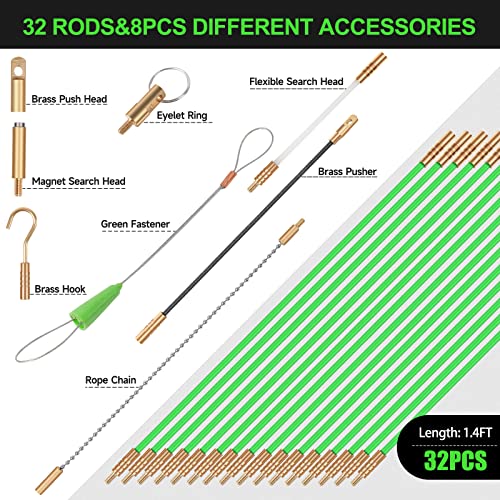 FTIHTRY 45FT Fiberglass Fish Tape Electrical Wire Pulling Kit with 8 Attachments