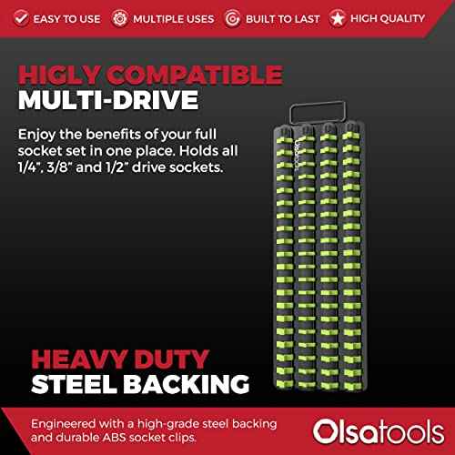 Olsa Tools Portable Socket Organizer Tray | Black Rails with Green Clips | Holds 80 Sockets | Professional Quality Socket Holder