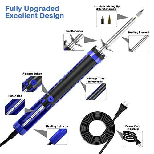 K KERNOWO 929D-V Electric Desoldering Soldering Iron Sucker ? Desoldering Pump Tool with 1.0mm & 1.2mm Nozzles, Desoldering Gun with Wick & Cleaning Pin for Through-Hole Solder Removal