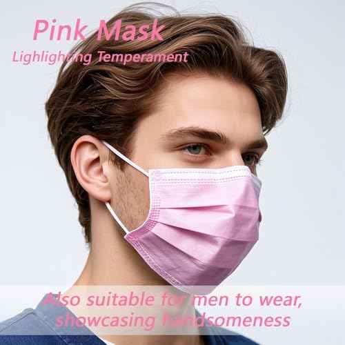 50 Pack Pink Disposable Face Mask for Adults, Solid Pink Breathable 3-Ply Earloop Full Face Protection for Women & Teen Girls