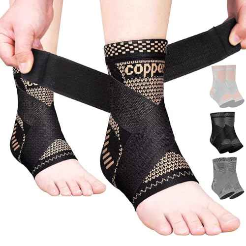 JIUFENTIAN Copper Ankle Brace Adjustable Compression Sleeve (Pair)-Ankle Support Heel Brace for Achilles Tendonitis, Plantar Fasciitis-Eases Swelling and Sprained Ankle(Large)