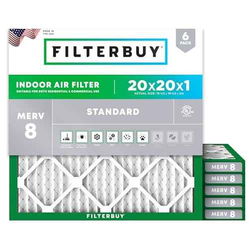 Filterbuy 20x20x1 Air Filter MERV 8 (MPR 700) Dust Defense Replacement (6-Pack), Electrostatic Pleated HVAC AC Furnace Filters, Made in USA (Actual Size: 19.50 x 19.50 x 0.75)