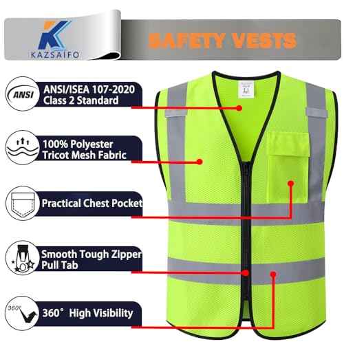 Hi Vis Reflective Safety Vest for Men Women with Chest Pocket Mesh High Visibility Class 2 Construction Vest,Meets ANSI/ISEA Standard(KZ179-Yellow-L)