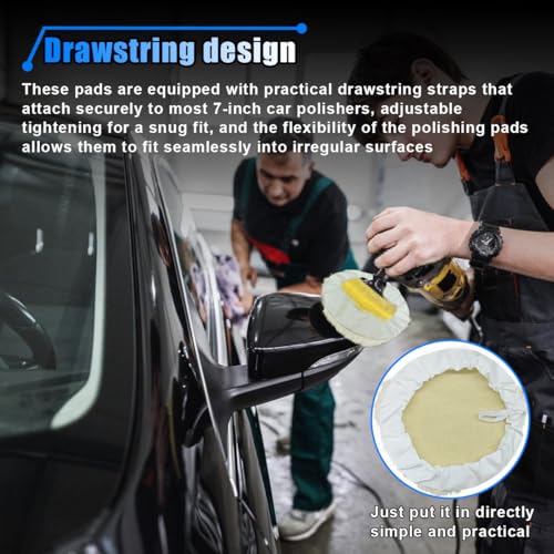 6PCS 7 Inch Car Wool Polishing Pad, Buffing Pad with Drawstring for Car Waxing & Cleaning, Polishing Bonnet for Vehicle, Glass, Furniture, Auto Polisher Pad Kit for Drill Buffer