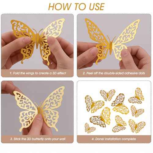 12 PCS 3D Butterfly Wall Decor Stickers ? Removable Metallic Paper Decoration with Adhesive Dots for Bedroom, Living Room, Nursery, Party, Wedding, and Classroom