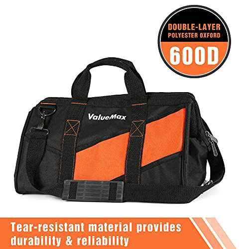 ValueMax 16-Inch Wide Mouth Tool Bag, Tool Organizer Tote Bag with Shoulder Strap, Heavy-duty Tool Storage Bag with 13 Pockets for HVAC, Plumber, Mechanic