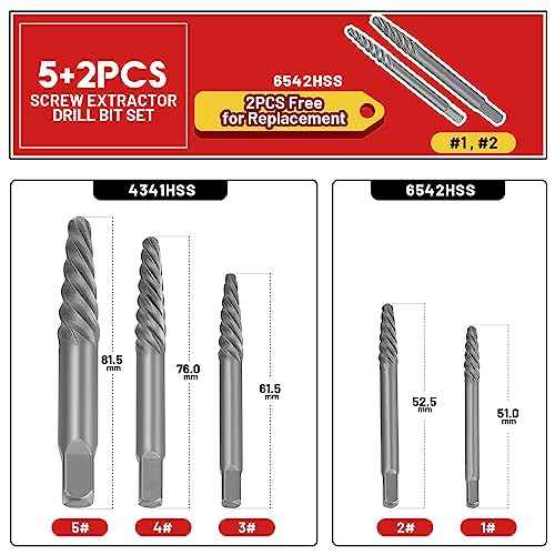 7 Pcs Spiral Screw Extractor Set, Stripped Screw Extractor Set for Removing Stripped Screws and Broken Bolts, Easy Out Bolt Extractor Set 35# Cr-Mo Broken Screw Extractor Kit