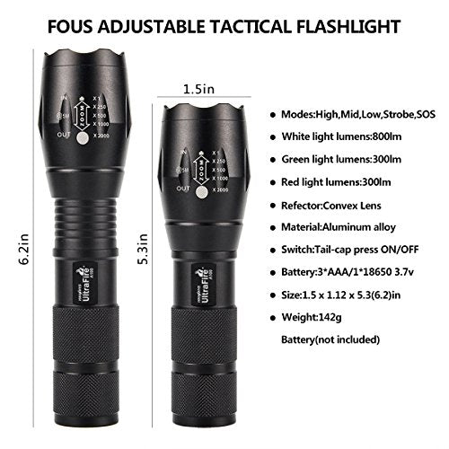 ULTRAFIRE 2 Pack A100 LED Hunting Flashlight,800 Lumen 3-Color-Light Tactical Flashlight 5 Modes Zoomable Small LED Hand held Flashlights (White Light/RED Light/Green Light)