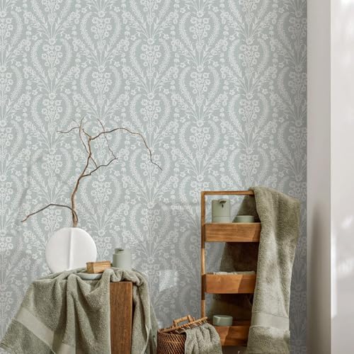 Peel and Stick Wallpaper Vintage Green Contact Paper Floral Peel and Stick Wallpaper 16.9in x 118.1in Boho Self Adhesive Wall Paper White Floral Removable Decorative Bedroom Bathroom Wall Vinyl
