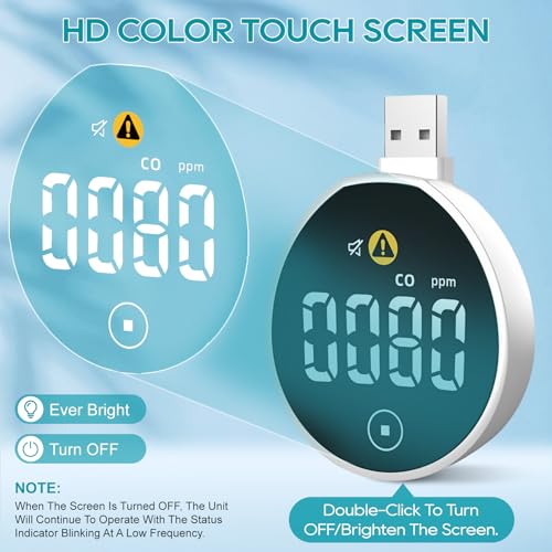 USB Carbon Monoxide Detector with Touch Screen, Plug-in/USB-A/USB-C Powered Carbon Monoxide Monitor Alarm, Portable CO Detector Easy to Read & Use, for Home/Hotel/Travel/Office/RV (2-Pack)