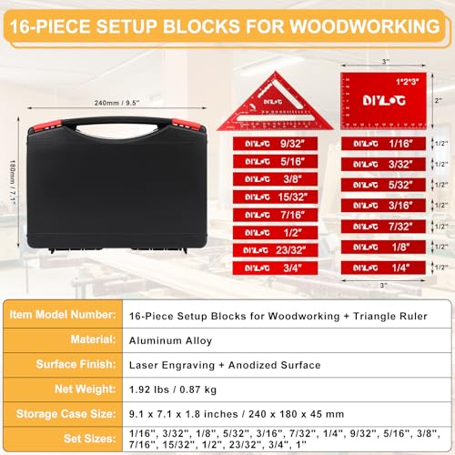 Diylog Setup Blocks Height Gauge Set 16 PCS for Woodworking – Aluminum Block Set with Case, 3" Blocks, 1/16" to 1"