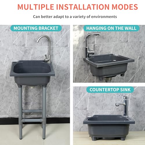 Gray Freestanding Utility Sink with Faucet Hole - Kitchen & Laundry Use