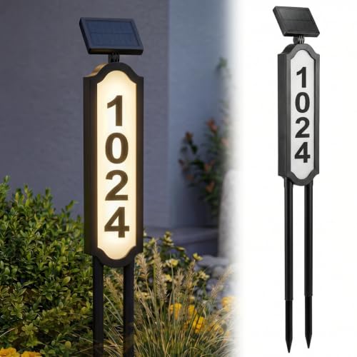 PASAMIC 40.2" Solar Lighted House Address Sign - Yard & Wall Mount, Waterproof, Black