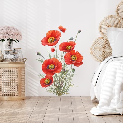 Red Poppy Wall Decals Removable Blooming Flower Vinyl Stickers for Nursery Living Room and Bathroom Botanical Decor Peel and Stick Wall Art for Feminine