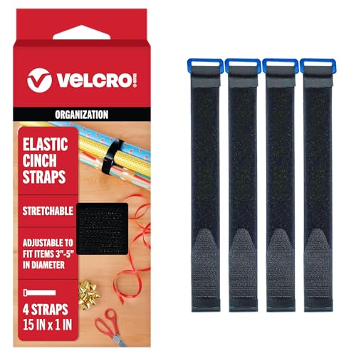 VELCRO Brand Elastic Cinch Straps with Buckle 4 Pack, 15in, Black, Adjustable