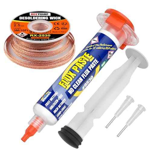 Electrical Soldering Flux Paste (10cc Syringe) with Desoldering wick Braid (3M/10ft 2.5mm) for Electronics Soldering Repairs Remover Kit