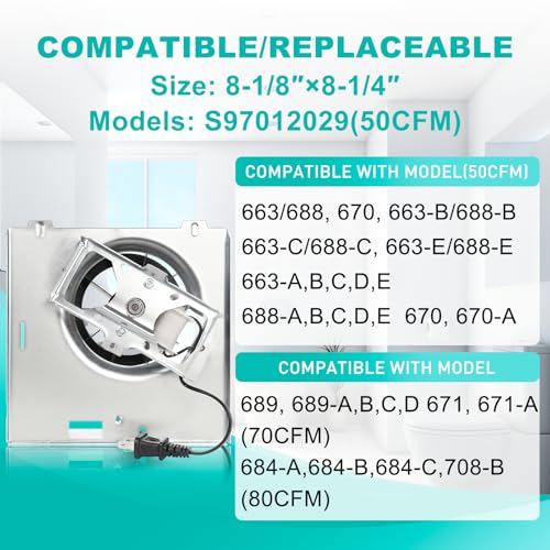 Motoasis 50CFM Bathroom Exhaust Fan Replacement with Copper Motor Compatible with Broan 663/688 Series