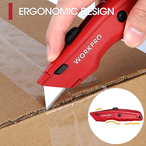 WORKPRO Red Utility Knife with Retractable Blade, Heavy Duty Box Cutter, 10 Extra Blades