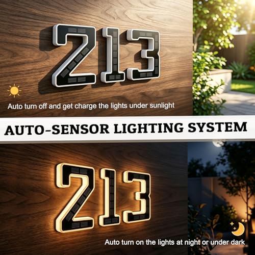 CARPESUN 6.7" Solar Powered House Numbers - Waterproof LED Address Sign, Black (2-Pack)