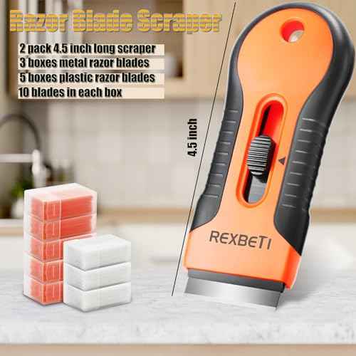 REXBETI Razor Blade Scraper Tool, 2 Pack Razor Scraper Set with Extra 80Pcs Razor Blades -30Pcs Metal and 50Pcs Plastic Blades, Cleaning Scraper Tool, Cooktop, Paint, Glass Scraper