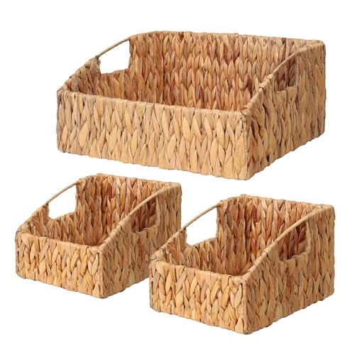 Ollieroo Yellow Hand-Woven Pantry Baskets Set of 3 — Wicker Storage Bins with Handles