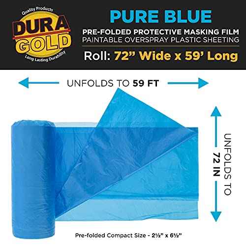 Dura-Gold 72" x 59' Pure Blue Pre-Folded Masking Film - Painters Plastic Roll (0.4 Mil) Pull Down Drop Sheet, Pre-Folded Plastic Sheeting for Painting Protection on Auto, Walls, Furniture