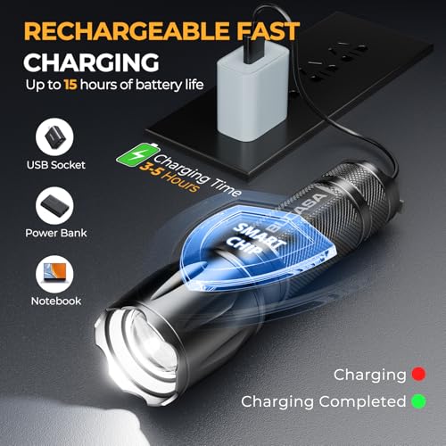 BUCASA Black Rechargeable Tactical Flashlights 3 Pack - High Lumens, Waterproof, Zoomable, Emergency & Camping Use