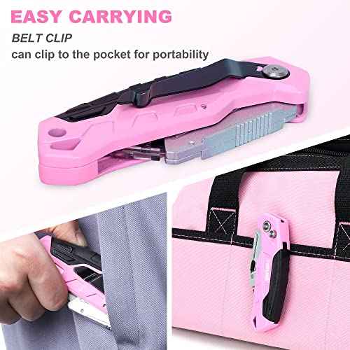 TOPLINE Folding Pink Utility Knife, Pocket Folding Pink Box Cutter, Blade Storage Design, 18-Piece SK5 Blades and a Dispenser Included (1 PACK(PINK))