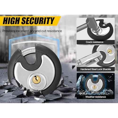 DAYGOS Outdoor Padlock for Storage Unit, Waterproof Stainless Steel Disc Lock with Rubber Bumper for Sheds,Gate and Fence, Heavy Duty Discus Keyed Pad Lock (3/8-Inch Shackle)