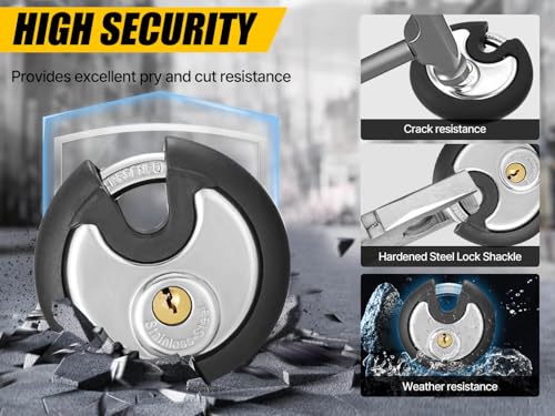 DAYGOS Waterproof Stainless Steel Disc Lock with Rubber Bumper - Black, 3/8-Inch Shackle, Keyed-Different Pack
