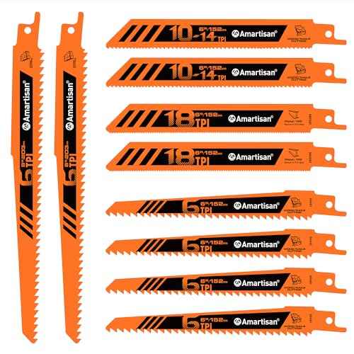 AMARTISAN 10-Piece Bi-Metal Reciprocating Saw Blade Set 6 to 8 Inch Used for Wood & Metal Cutting, Drywall, Plastic and Composite Materials