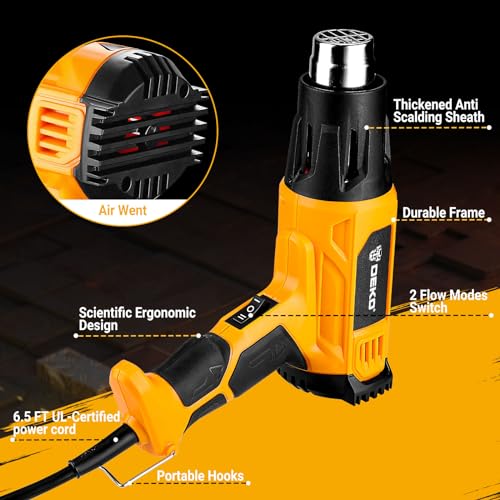 DEKOPRO Heat Gun, 1500W Hot Air Gun Kit with Variable Temperature Control, 716¢µ-1112¢µ£¨380¡É-600¡ɣ©£¬Heat Guns with Overload Protection & 4 Nozzles for Crafts, Shrinking PVC, Stripping Pain
