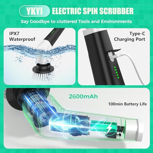 YKYI White Cordless Electric Spin Scrubber with Long Handle & 8 Brush Heads