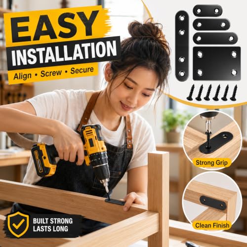TEOYNGU 100PCS Flat Plate Straight Bracket Set - 5 Sizes Stainless Steel Support for Wood, Cabinets, Shelves, Furniture, and DIY Projects