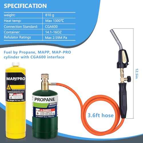 Propane Torch Hose Kit, Mapp Gas Torch Heat 3600¢µ Map Gas Torch Kit Trigger Start & Flame Adjustment, Soldering Welding Torch Fuel by MAPP, Map/Pro,Propane(Includes Cylinder Clip)