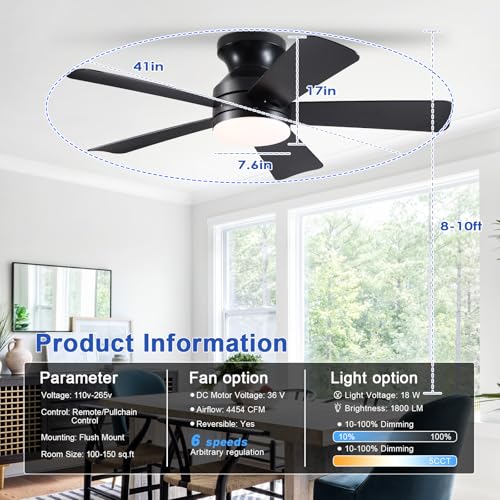 BYKISTOK 41 Inch Black Ceiling Fan with Lights Remote, Dimmable LED, Reversible, 6 Speeds, Low Profile, Flush Mount