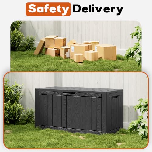 NBYSGO Striped Black Waterproof 120 Gallon Resin Deck Storage Box with Seat