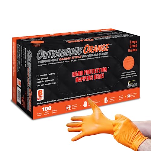 Atlantic Safety Products Outrageous Orange Heavy-Duty Disposable Nitrile Gloves, 8-mil, Latex and Powder Free, Orange, Large, 100-Ct