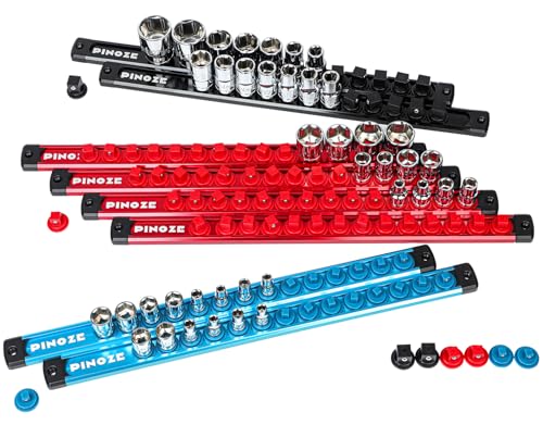 Pinoze 8-Piece Magnetic Socket Organizer Set 1/4 3/8 1/2 with 114 Clips Aluminum