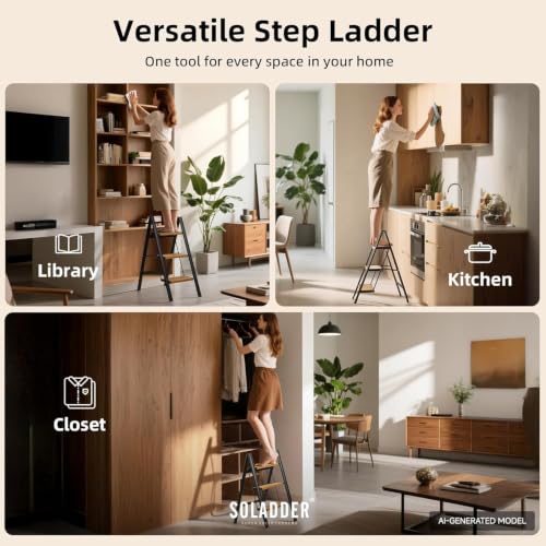 Soladder 3-Step Folding Ladder with Black & Woodgrain Finish, Lightweight & Stable
