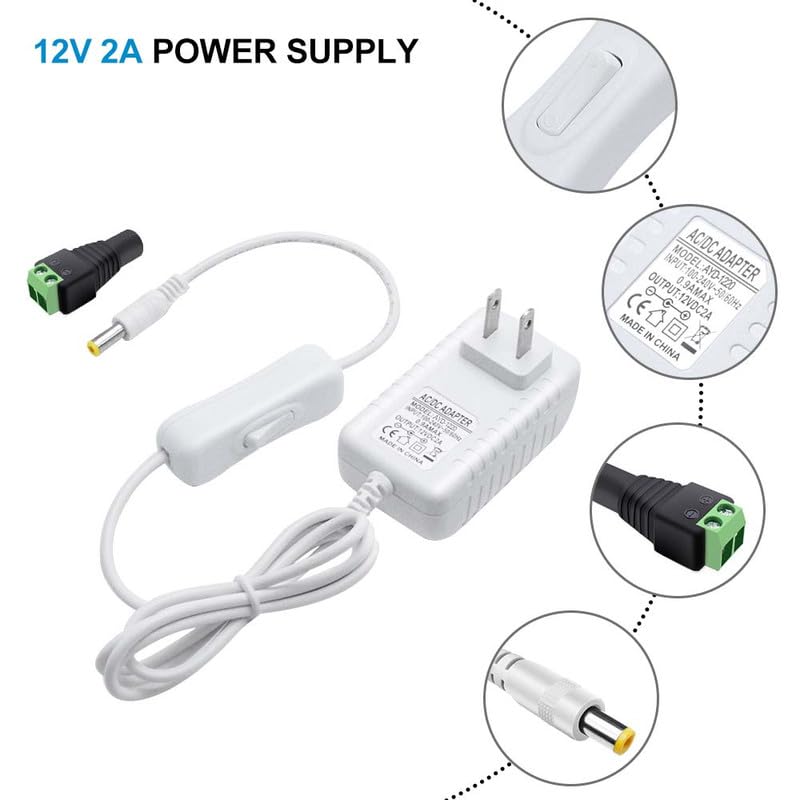 White 12V 2A 24W Power Supply with On/Off Switch for LED Strip Lights - LightingWill