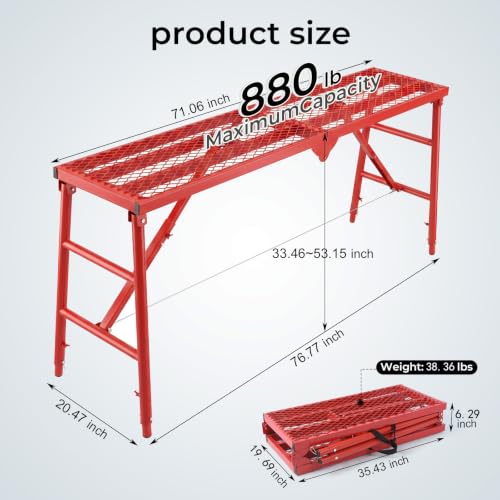 Glyphlightek 71in Foldable Heavy-Duty Scaffolding Platform 880LBS Load, 6-Gear Height Adjustment