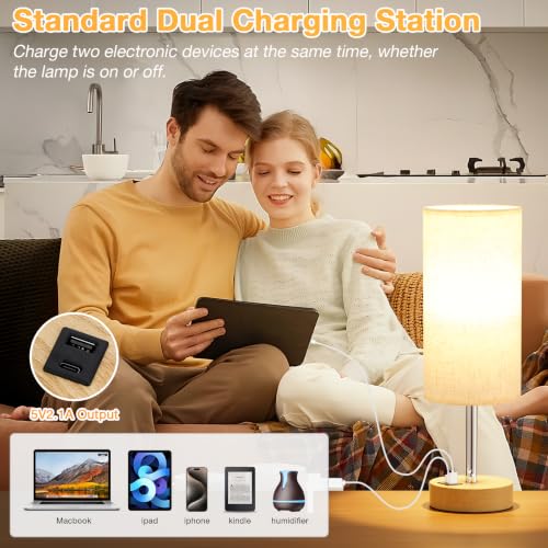 Dicoool Cream & Wooden 14-Inch Bedside Table Lamp with Touch Control & 3-Way Dimmable USB Charging