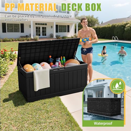 Greesum 82 Gallon Outdoor Storage Box with Lid - Waterproof, Lockable Patio Garden Bin (Black)