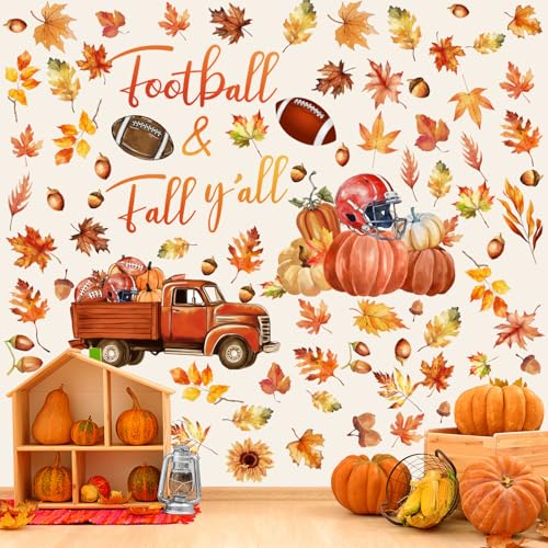 Haull 6 Sheets Thanksgiving Wall Decals Fall Maple Leaves Pumpkin Wall Peel and Stick Autumn Thanksgiving Decals for Windows Home Nursery Bedroom Living Room Office Party Decoration