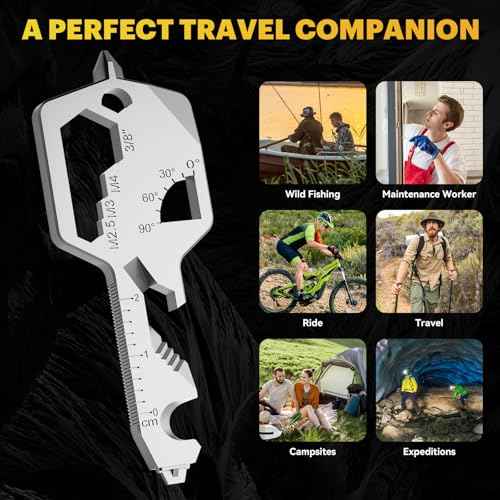 Key Shaped Pocket MultiTool 20-in1 Multi Tool, Stainless Steel Keychain Utility Gadget,Gift for Men, Women, Father,Groomsmen, Valentine's, Birthday, Christmas (Silver)