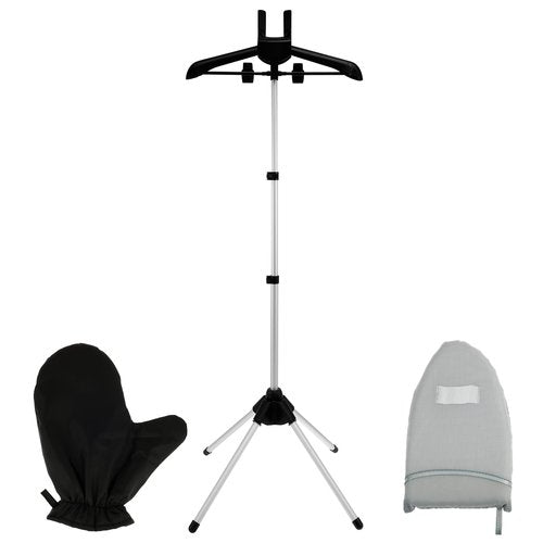 PTMTFYL Steamer Stand for Clothes, Foldable Rotatable Garment Hanger for Steaming Clothes, Adjustable Height Steam Iron Stand Rack with Ironing Board and Glove for RV, Home, Hotel (Black)