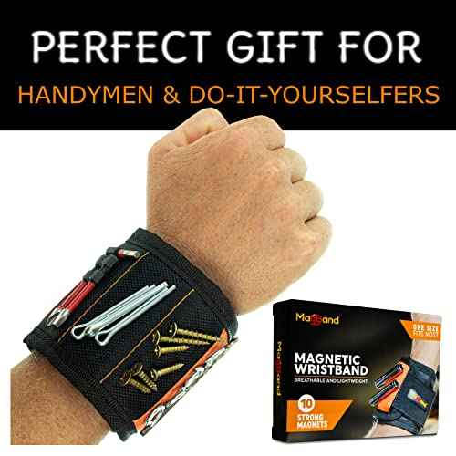 MagBand Magnetic Wristband for Holding Screws, Nails and Drilling Bits - 10 Strong Magnets - Men & Women's Tool Bracelet - Gift Ideas for Dad Husband Handyman or Handy Woman